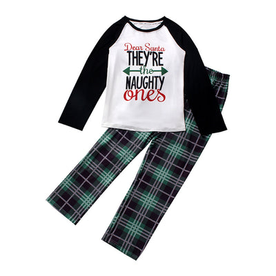 Family matching Christmas pajamas with "Dear Santa They're the Naughty Ones" print and green plaid pants. - Image 17