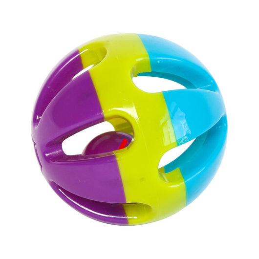 Colorful hollow plastic cat toy ball with purple, lime green, and blue sections, featuring a red bell inside. - Image 8