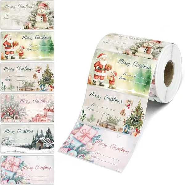 Roll of rectangular Merry Christmas gift labels with various designs including Santa, snowman, penguin, and polar bear. - Image 6