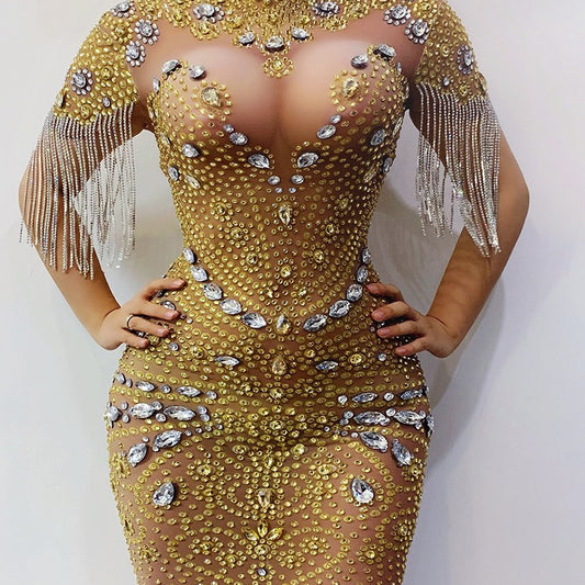 Vestido de Pasarela con Flecos y Strass para Mujer