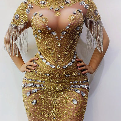 Vestido de Pasarela con Flecos y Strass para Mujer
