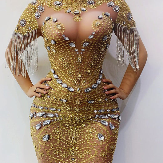 Vestido de Pasarela con Flecos y Strass para Mujer