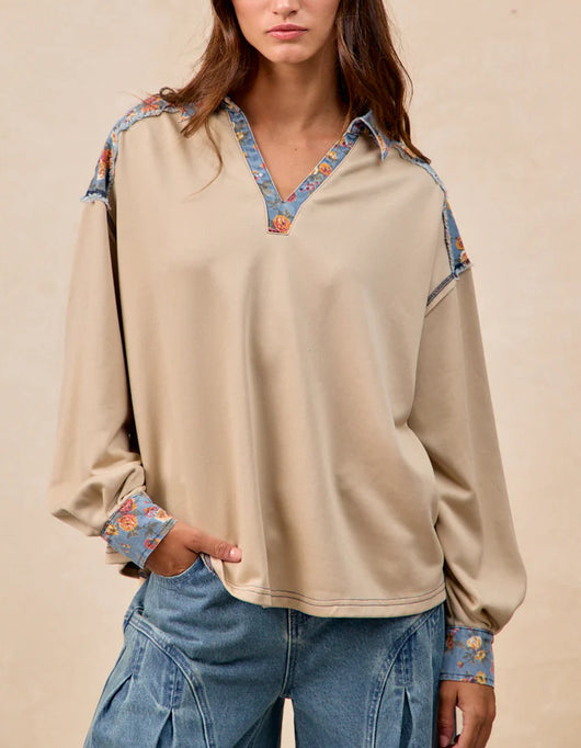 Sudadera Holgada Estilo Francés con Solapa y Patchwork para Mujer - Image 11
