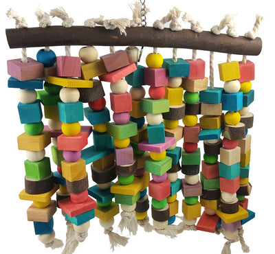Colorful wooden parrot bite toy with a natural branch hanger and multiple strings of beads and blocks. - Image 2