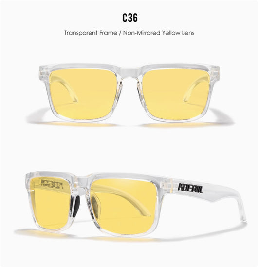 Men's and women's dazzling blue and black striped polarized sunglasses with gray lenses and a black case. - Image 36