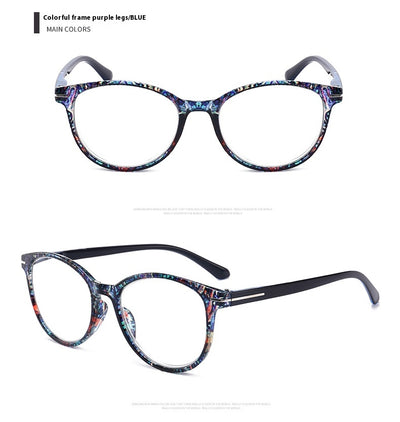 Four pairs of anti-blue light reading glasses with colorful full-rim frames in pink, tea, blue, and violet patterns. - Image 17
