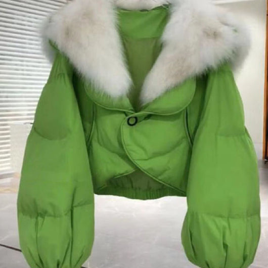 Chaqueta Corta Acolchada Verde con Cuello de Pelaje Sintético - Image 2