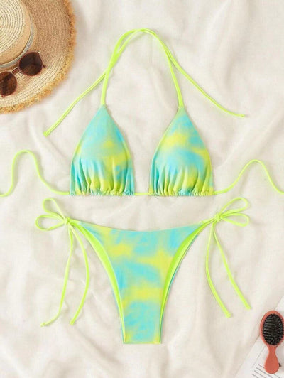 Women's two-piece bikini swimsuit with blue and neon yellow tie-dye pattern, featuring a triangle top and tie-side bottom. - Image 15