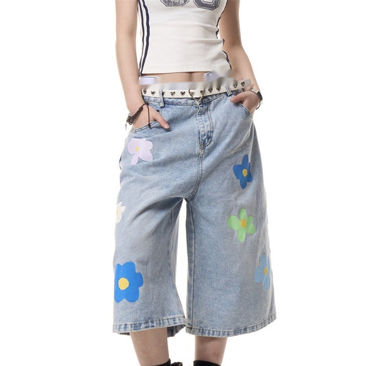 Pantalón Vaquero Vintage Cropped de Pierna Recta con Flores para Mujer