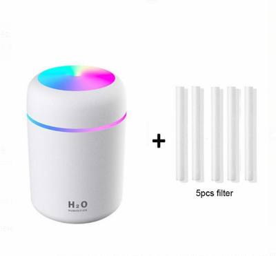 Dark gray cylindrical humidifier with colorful LED top light and thin light band, shown with five white filter sticks. - Image 6