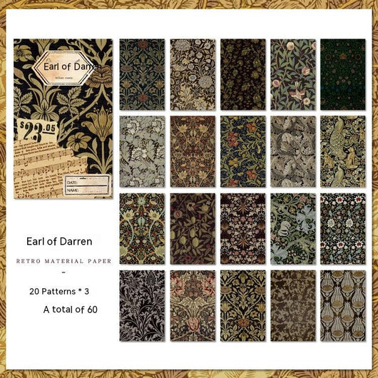 Set of 60 sheets of retro artistic decorative paper with 20 unique floral and botanical patterns in red, maroon, and gold. - Image 5