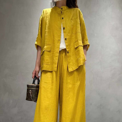 Conjunto de Lino Casual: Camisa Manga Corta y Pantalón de Color Liso