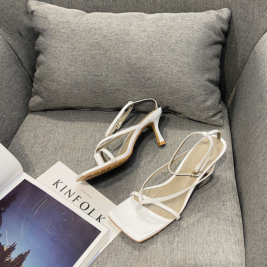 Sandalias de Tacón Cuadrado Estilo Hada - Stileto Blanco Tendencia Net Red - Image 13