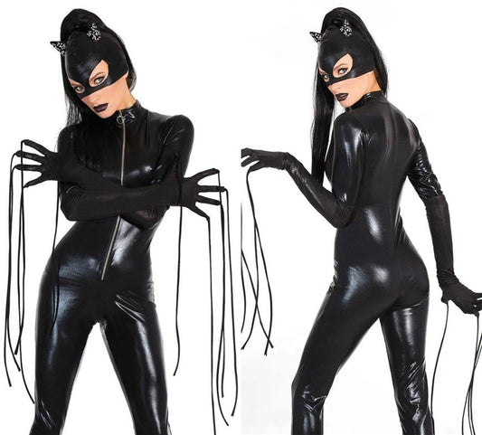 Traje de Gato Negro en Cuero Charolado para Mujer