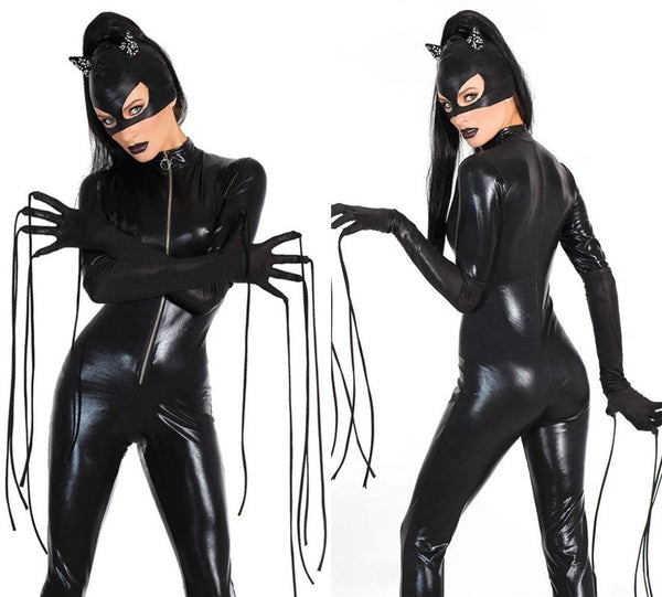Traje de Gato Negro en Cuero Charolado para Mujer