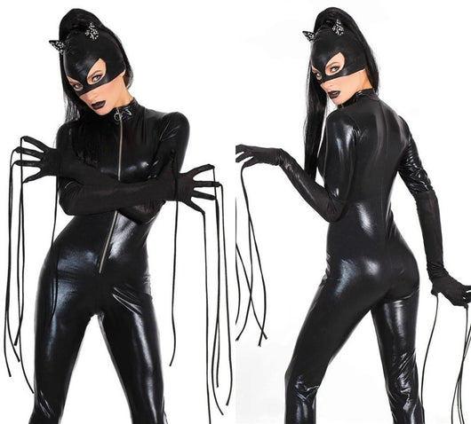 Traje de Gato Negro en Cuero Charolado para Mujer
