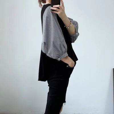 Blusa Suelta de Cuello Redondo con Bloques de Color - Estilo Japonés y Coreano - Image 14