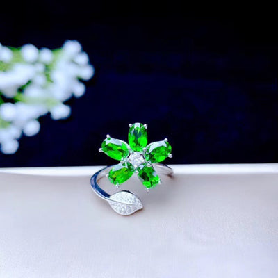 Anillo de Plata con Diopside Natural, Diseño Floral Ajustable para Mujer - Image 4