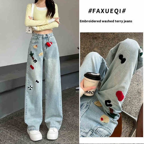 Calça Jeans Reta Cintura Alta com Bordados Feminina