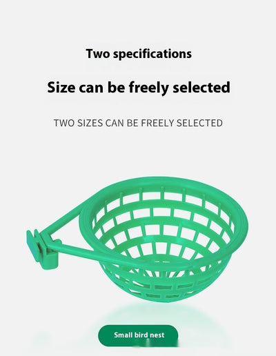 Green plastic bird nest with a grid design and an attached clip, measuring approximately 17.5cm wide. - Image 9