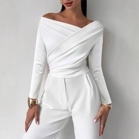 Blusa Asimétrica Elegante con Hombro Descubierto y Manga Larga