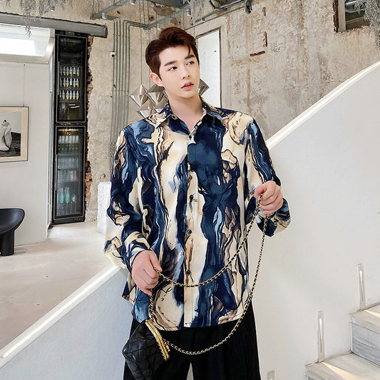 Camisa de Lujo Ligero para Hombre con Mangas Abullonadas y Estampado de Pintura China