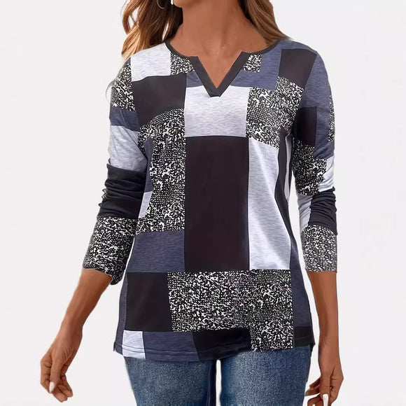 Playera V-neck Estampada de Manga Larga