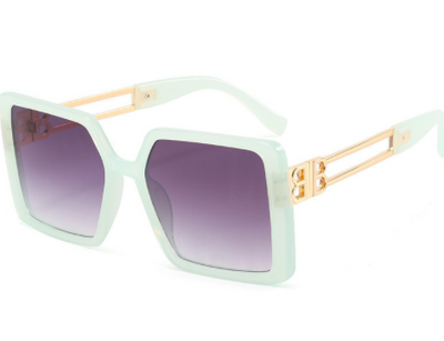 Women's large frame square sunglasses with black plastic frames, purple gradient lenses, and gold-tone metal temples. - Image 15