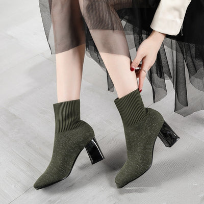 Botas Tejidas Elásticas con Tacón Grueso y Detalles Electroplateados - Image 3