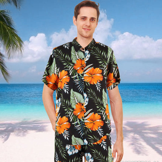 Family matching Hawaiian outfits: men's shirt and shorts, women's off-shoulder maxi dress, girl's dress, boy's shirt and shorts, all with black, orange hibiscus - Image 11