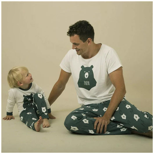 Father and son wearing matching white and dark gray bear-themed pajamas, featuring a 'PAPA' bear graphic. - Image 5