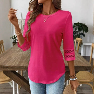 Blusa Casual para Mujer con Cuello Redondo, Encaje Patchwork y Mangas 3/4 - Image 2