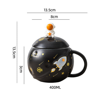 Taza de Cerámica para Pareja Astronauta Planeta con Cuchara y Tapa - Image 3