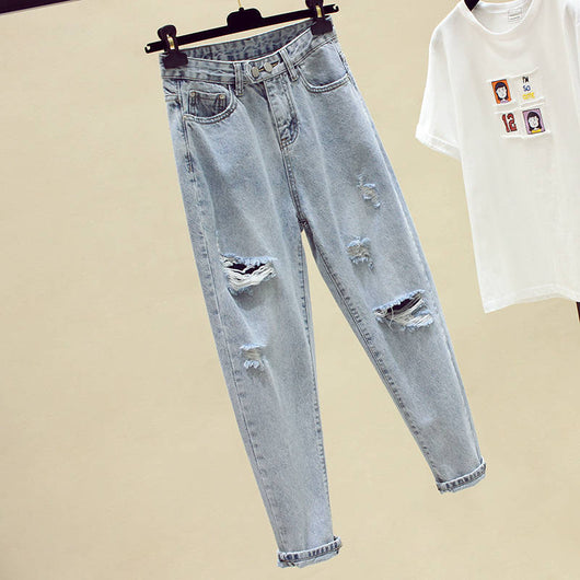 Pantalones Vaqueros Rotos Cintura Alta Suelta para Mujer