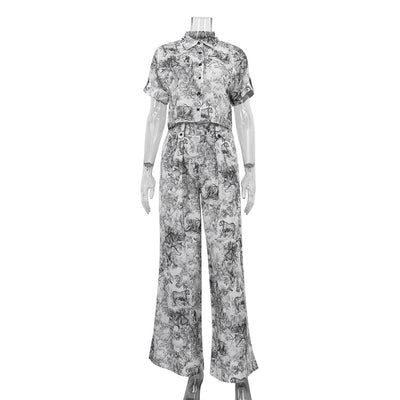 Conjunto de Dos Piezas: Camisa Estampada con Pintura China y Pantalón Ancho Cintura Alta - Image 6