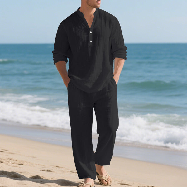 Conjunto de Pantalón y Camiseta Henley Suelta Transpirable para Hombre - Ropa de Playa Casual
