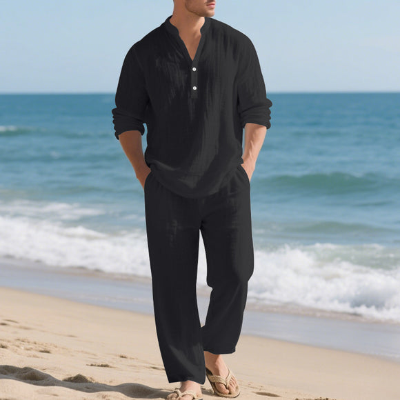 Conjunto de Pantalón y Camiseta Henley Suelta Transpirable para Hombre - Ropa de Playa Casual
