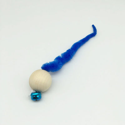 Wooden bead cat toy with a golden bell and a neon yellow fuzzy worm-like attachment on a white background. - Image 5