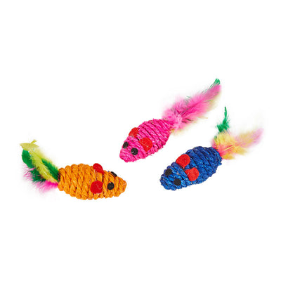 Set of three colorful sisal mouse cat toys with feather tails, packaged in clear plastic. - Image 5