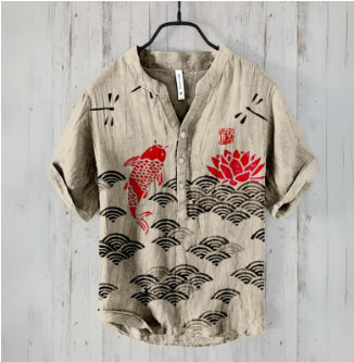 Camisa Lino Hombre Estampado Oceánico Manga Corta Suelta Casual - Image 23