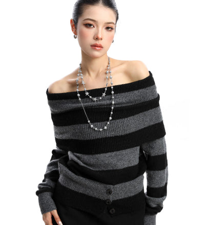 Suéter Coreano Bicolor Hombros Descubiertos para Mujer - Otoño e Invierno - Image 7