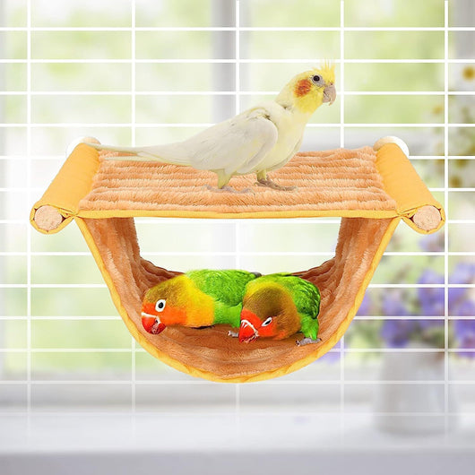 Gray and cream two-tier pet hammock with plush interior, hanging in a wire cage with three small birds. - Image 3