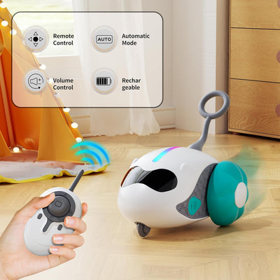 Interactive cat toy with white robotic base, orange wheels, and feather attachment, controlled by a remote, with a cat looking on. - Image 11