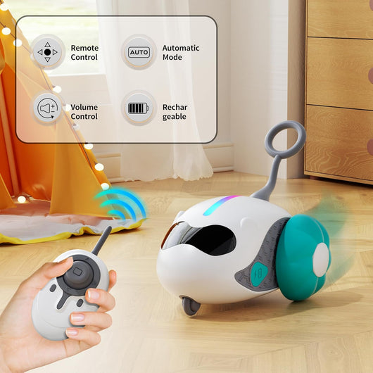 Interactive cat toy with white robotic base, orange wheels, and feather attachment, controlled by a remote, with a cat looking on. - Image 11