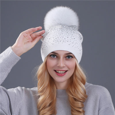 Gorro de Cachemira con Pompón de Pelaje de Zorro para Mujer - Image 19