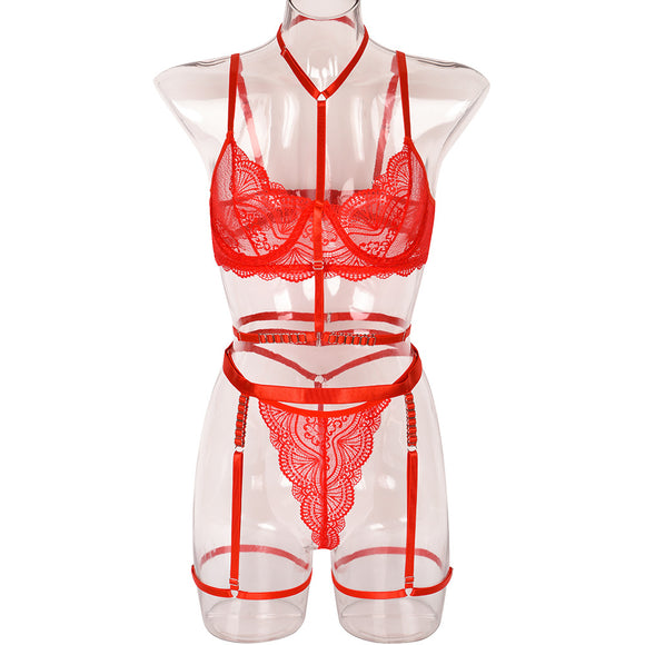 Conjunto Sensual de Lingerie de Três Peças com Detalhe Decorativo