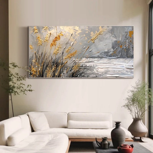 Cuadro Abstracto Pintado a Mano - Paisaje Cañaveral Contemporáneo para Sala de Estar