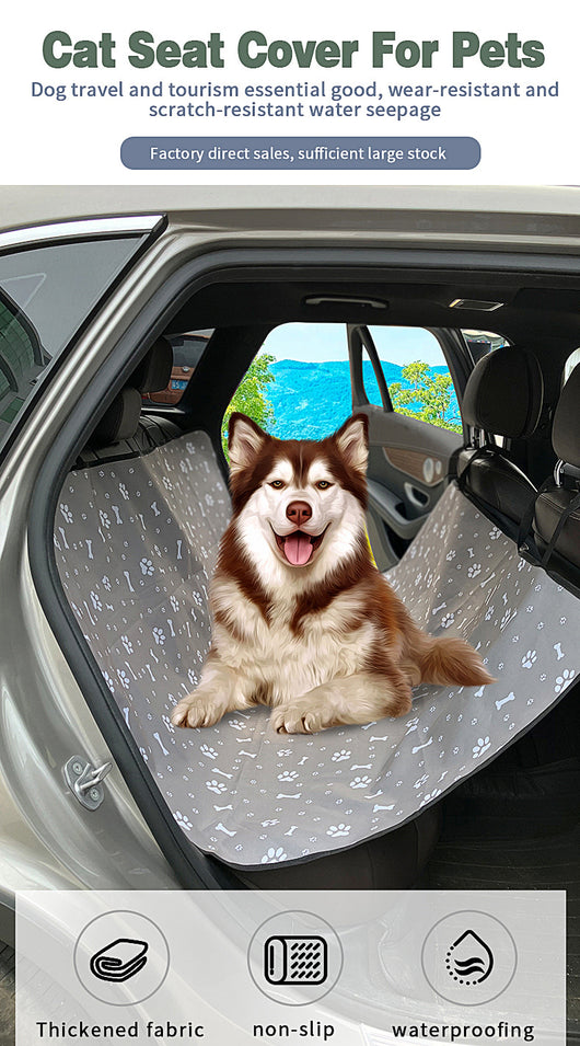 Pink car pet mat with white paw print and bone patterns, featuring black straps for securing to a rear seat. - Image 19