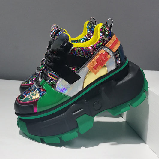 Zapatos Plataforma con Lentejuelas de Cuero y Bloques de Color - Image 3