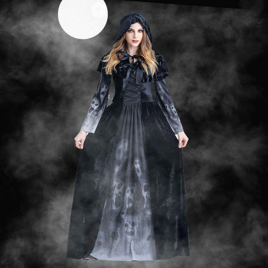 Disfraz de Bruja Gótica Medieval Maleficent - Vestido Negro Largo con Capucha para Halloween y Carnaval